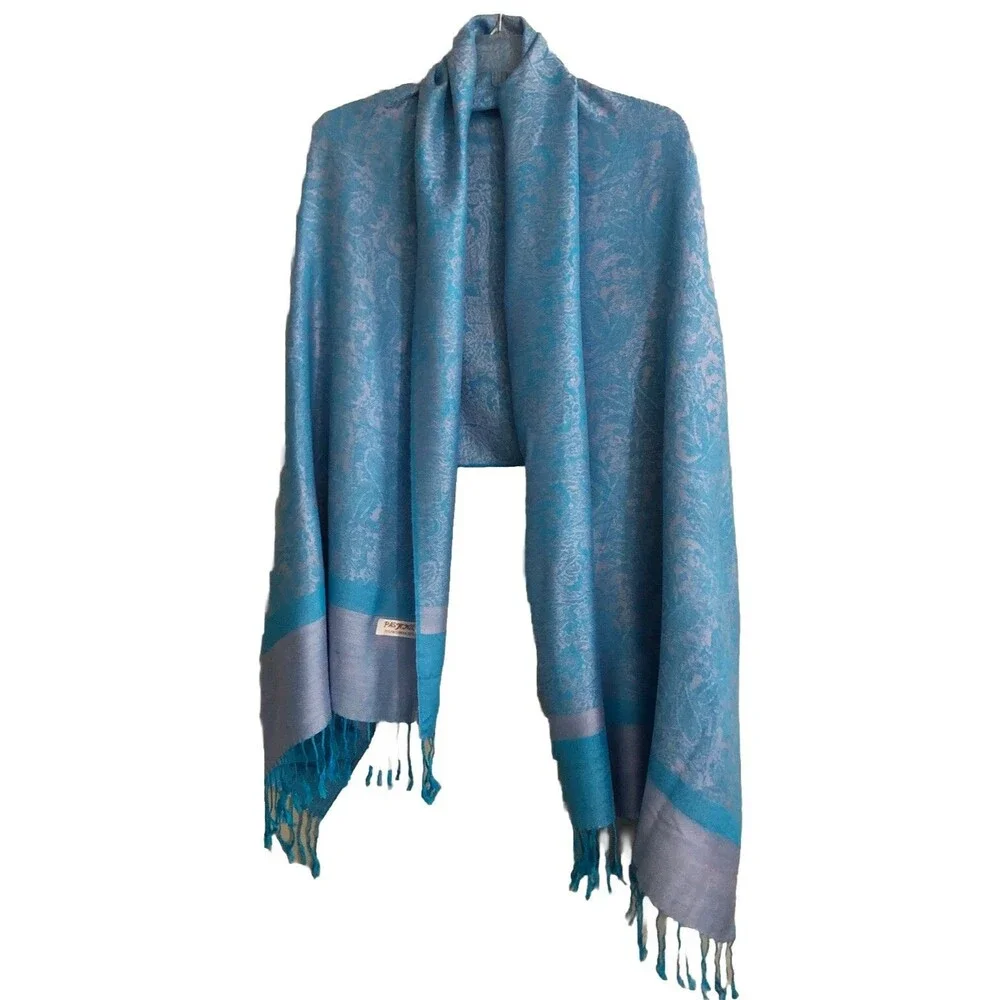 PASHMINA Cashmere Silk Paisley Fringe Shawl Elegant Blue Silver Wrap Scarf 28x78